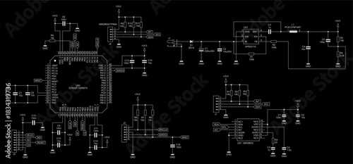 Schematic diagram of digital electronic device 
on paper sheet. Vector drawing electrical circuit with 
integrated circuit, cpu, connector, led indicator,  
capacitor, resistor, other components.