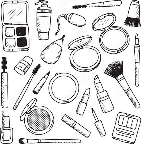 Hand-drawn collection of makeup products - minimalist line art design