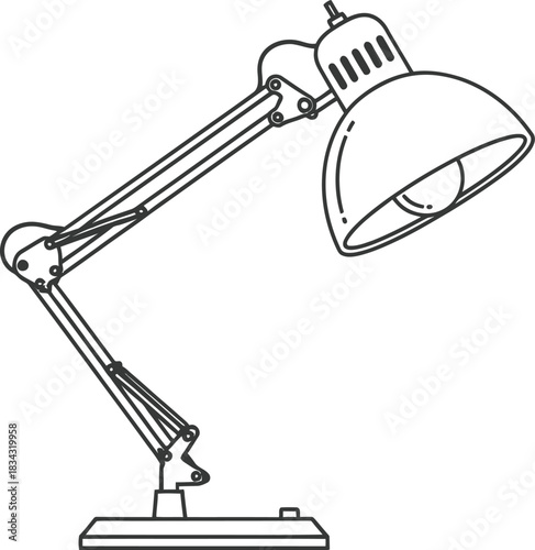 Adjustable articulated desk lamp with exposed bulb and simple base in line art style