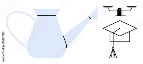 Education, personal growth, fairness, knowledge, justice, learning support. A watering can, graduation cap and justice scales. Education and personal growth symbols for development and balance