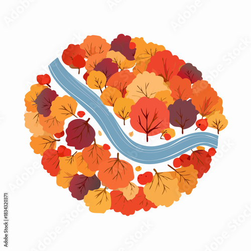 Autumnal Circular Landscape with Vibrant Orange Red and Yellow Trees and a Winding Blue River