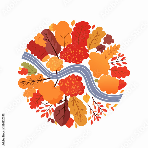 Autumnal Forest Circle With Winding Road And Vibrant Orange Red Yellow Leaves In A Compact Circular Composition