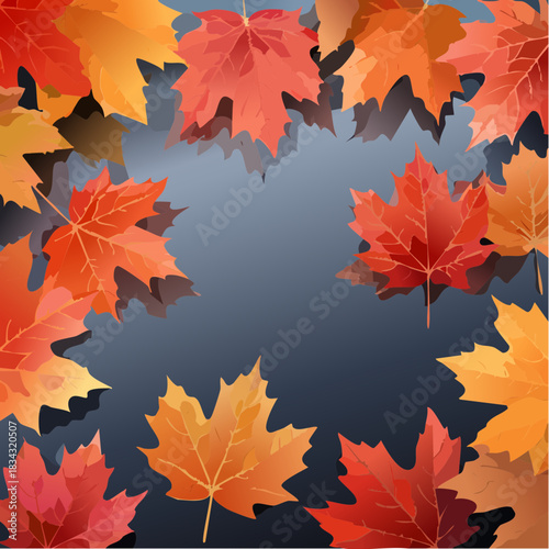 Vibrant Autumn Maple Leaves Border Arrangement in Warm Red Orange and Yellow Hues Set Against a Subtle Dark Gradient Background with Soft Shadows Creating a Festive Seasonal Frame