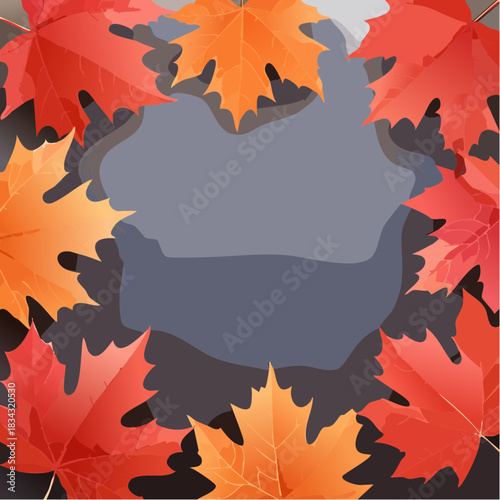 Vibrant Red And Orange Maple Leaves Bordering A Grey Abstract Shape With Dark Shadows Illustrating Autumn Season And Natural Beauty