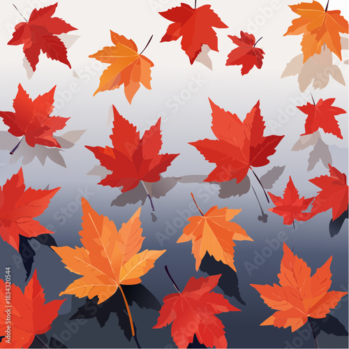 Vibrant Red and Orange Maple Leaves Floating Downward in a Softly Lit Autumn Scene with a Gradient Background