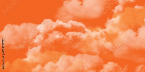 Pink Clouds Against a Warm Orange Sky at Sunrise. fantasy blurred cloudy sky with gradient color and grunge paper texture . White clouds in a sky. Light brown aesthetic. Monochrome cloudscape concept 