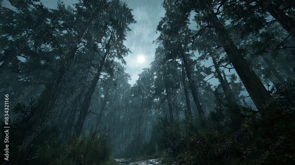 Fototapeta premium A mystical forest shrouded in atmospheric mist, the sun barely visible through the canopy