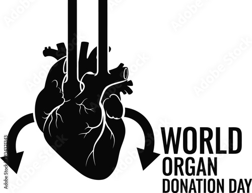 Black and graphic illustration of a human heart with arrows indicating donation, marking world organ donation day