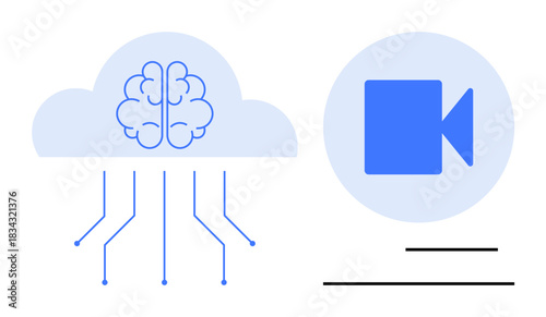 Artificial intelligence, cloud storage, digital communication, machine learning, video streaming, information sharing. Brain within cloud and video camera icon design. Artificial intelligence
