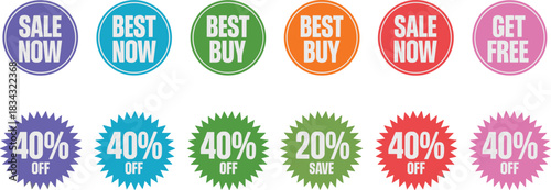 Colorful promotional badge vector set featuring sale labels, discount stickers, and marketing offer icons for advertising, online shops, and retail designs.