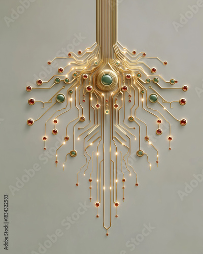 Golden Circuitry: An artistic display showcases a circuit board design in a radiant gold hue, accented with gemstones and glowing lights.