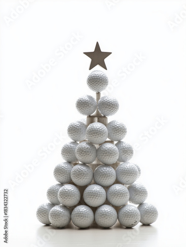Creative Christmas tree made of ten white golf balls with a star on top, isolated on a clean white background, combining holiday and sports themes.