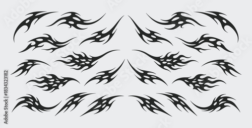 Set y2k neo tribal gothic sigilism tatto pack. Flame shapes . abstract neo tribal cyber sigil gothic melted modern burn form, design element. 2d vector illustration