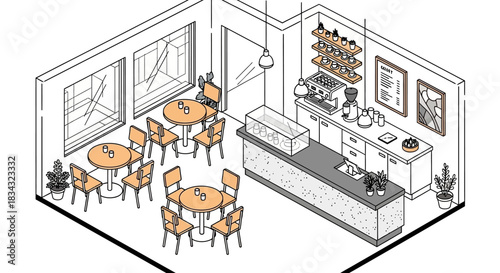 Isometric view of a modern cafe interior with tables chairs and counter