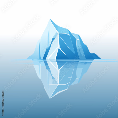Majestic Blue Iceberg With Sharp Edges Floating In Calm Reflective Ocean Under White Sky With Subtle Gradient Lighting and Clear Water Surface Showing Underwater Portion