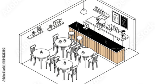 Isometric view of a modern coffee shop interior with tables and counter