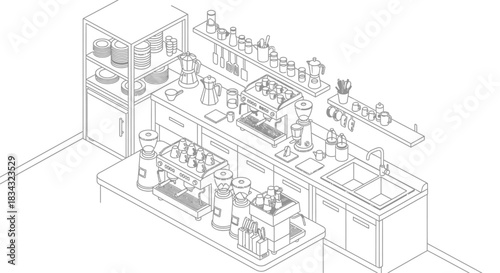Isometric view of coffee shop bar counter with equipment and supplies