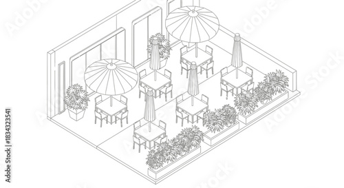 Isometric view of a restaurant patio with tables umbrellas and plants