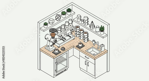 Isometric illustration of a coffee shop interior with equipment and supplies