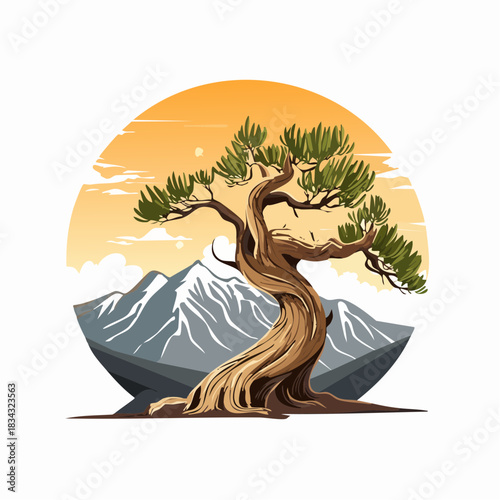 Twisted Ancient Pine Tree Stands Proudly Against A Majestic Mountain Range Under A Golden Sunset Sky With Wispy Clouds And A Circular Sun Emblem In A Pixel Art Style
