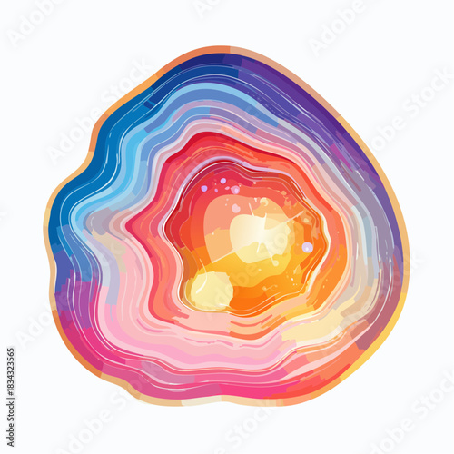 Vibrant Agate Slice With Concentric Rings of Blue Purple Pink Orange Yellow and White Colors With Inner Glow and Subtle Speckles Isolated on White Background