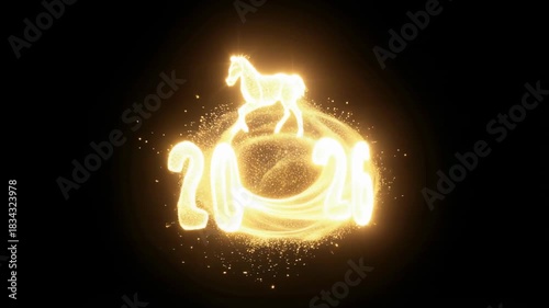 Magical golden particles colliding to form a glowing Horse silhouette, symbolizing the Lunar New Year 2026 and Chinese zodiac celebration
