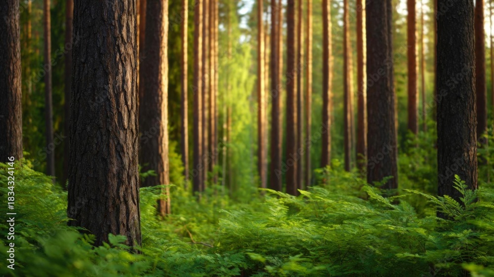 Obraz premium Lush green forest with tall trees and sunlit ferns creating a serene atmosphere.