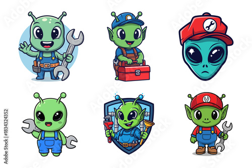 Alien Mechanic Cartoon Set Vector Illustration