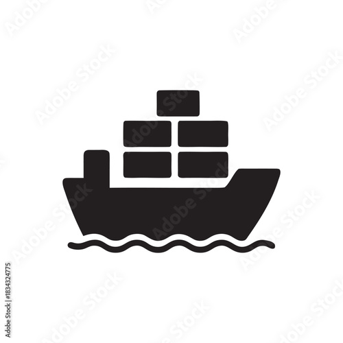Cargo ship icon black and white vector container vessel symbol for sea freight and maritime transport