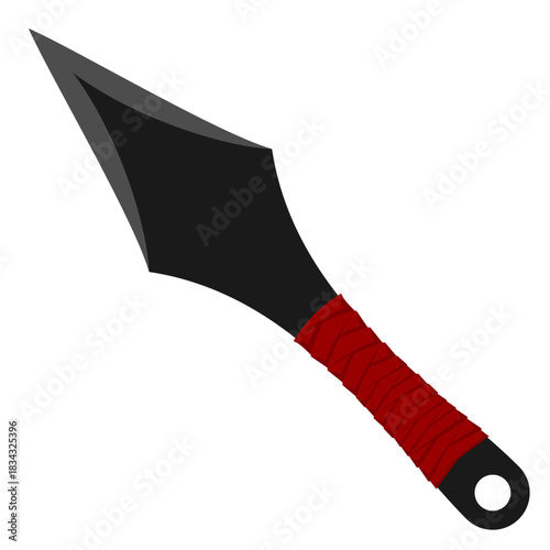Dynamic flat vector illustration of a sharp black ninja kunai weapon, featuring a distinctive red-wrapped handle, perfect for martial arts or gaming designs.