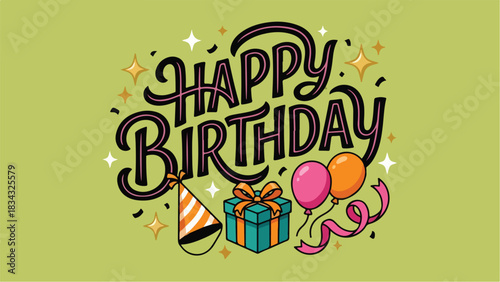 Colorful Happy Birthday Illustration with Party Elements and Decorations.