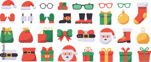 Flat Christmas icon set featuring Santa accessories, gift boxes, ornaments, stockings, and festive elements perfect for holiday graphics, seasonal decorations, and cheerful designs
