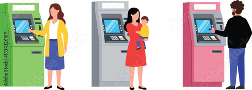 Three diverse individuals using colorful ATMs in everyday banking scene with green, gray, and pink machines