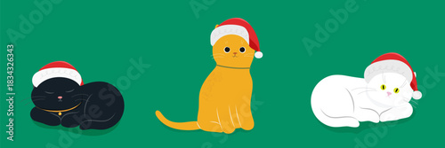 Cute cats wearing santa hat. Merry Christmas and Happy New Year. Vector flat cartoon illustration