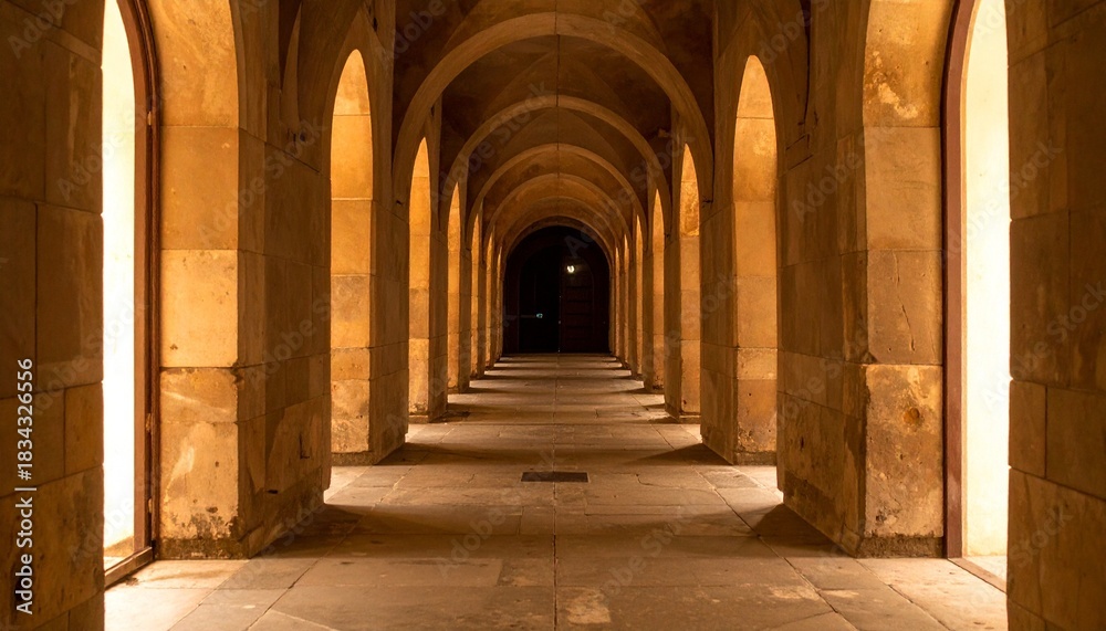 Obraz premium Symmetrical Arched Corridor with Warm Lighting in Traditional Architectural Style Evoking Depth and Serenity