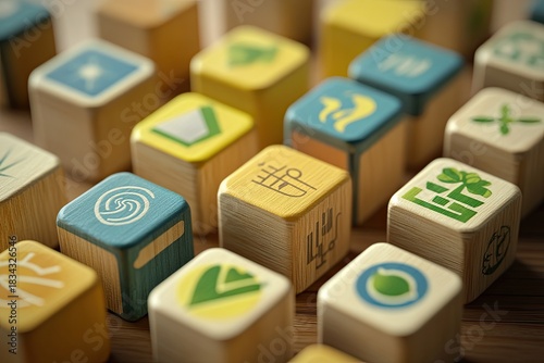 Hand building sustainable digital growth with eco technology wooden blocks.