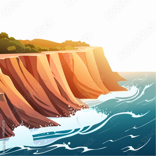 Coastal Cliffs Overlooking Ocean Waves During Golden Hour Sunlight Illuminating Orange Red Rock Formations and Greenery Above Under a Bright Sky