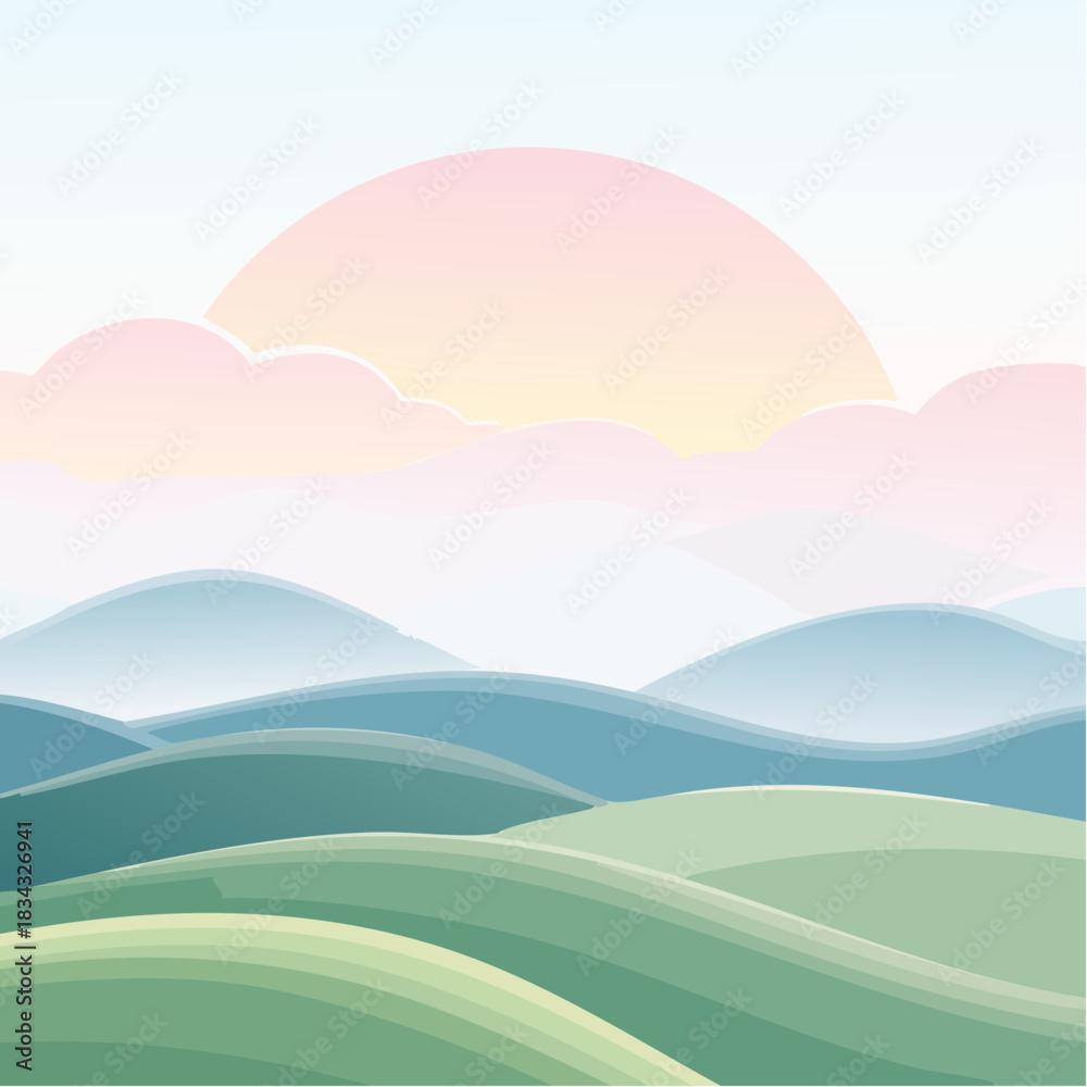 Obraz premium Pixelated rolling green hills under a soft pastel sunrise sky with hazy blue mountains in the distance a serene and peaceful natural landscape scene in gentle light