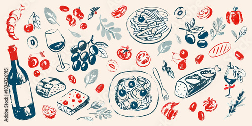 Hand drawn italian food and wine illustration with pasta and tomatoes