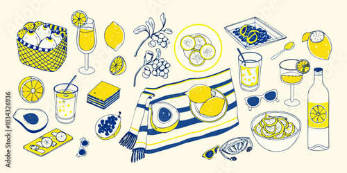 Summer picnic still life with lemons and refreshing drinks illustration