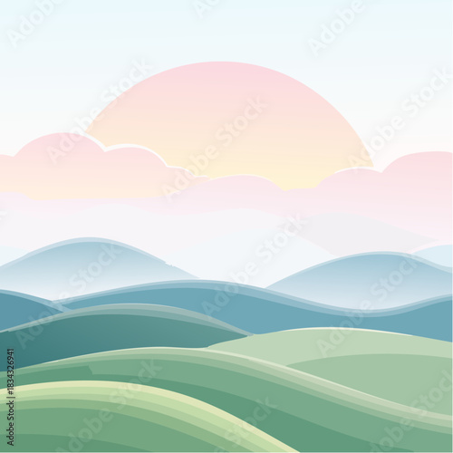 Pixelated rolling green hills under a soft pastel sunrise sky with hazy blue mountains in the distance a serene and peaceful natural landscape scene in gentle light