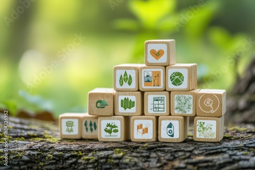Hand building sustainable digital growth with eco technology wooden blocks.