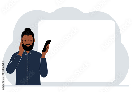 A man looks at a mobile phone. Reads SMS, news or social networks. Large white sheet for text.