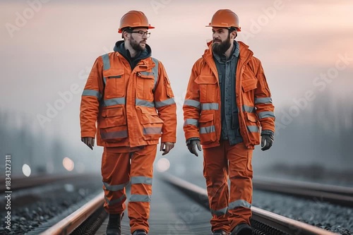 Workers walk along railway track at sunset in industrial setting