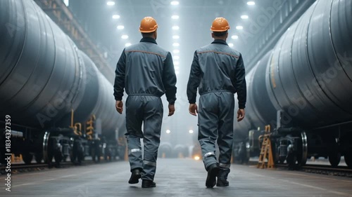 Workers walk through industrial facility in evening light
