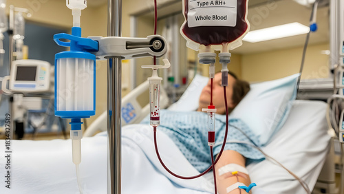 Patient receiving blood transfusion in hospital bed setting