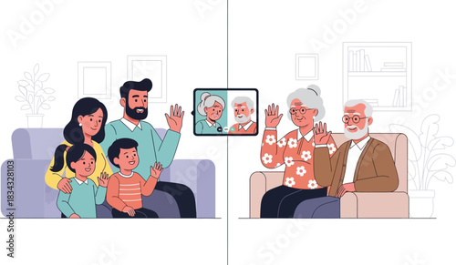 Joyful family connecting with grandparents through a video call, bridging distance with technology.
