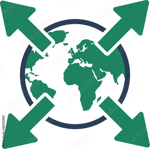 Global expansion and growth symbolized by arrows emanating from a stylized Earth