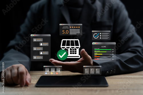 Customer Satisfaction Rating and Store Reliability, Businessman Verifying Shop Credibility, Reviewing Customer Feedback, Rating Scores, Guarantee Standards to Ensure Trustworthy Products and Services