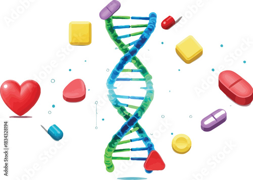 Abstract representation of DNA helix surrounded by colorful pills and heart shape, symbolizing health and medicine.